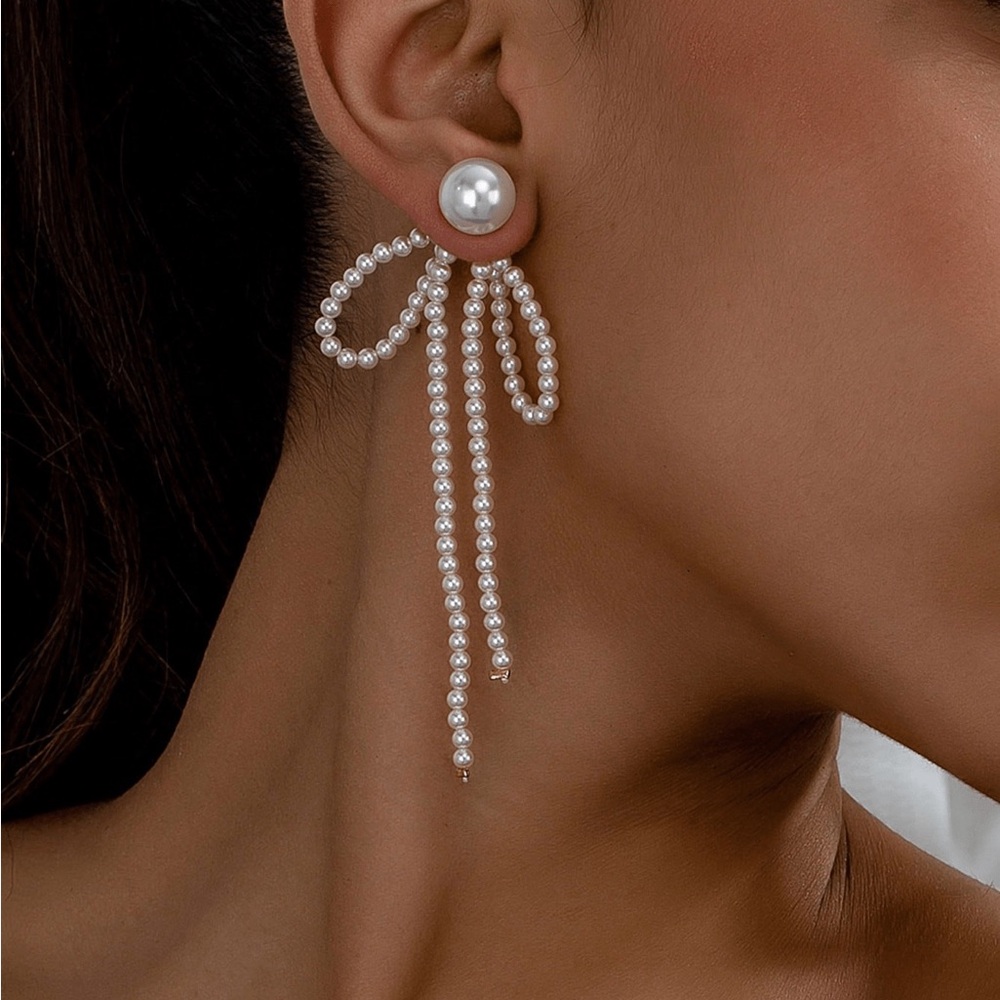 Pearl Bow Drop Earrings | Elegant Long Statement Earrings | Gold Tone